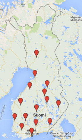 Suomen kartta, jossa merkittynä kaikki Nuorisoseurojen aluetoimistot ja itsenäiset keskusseurat.