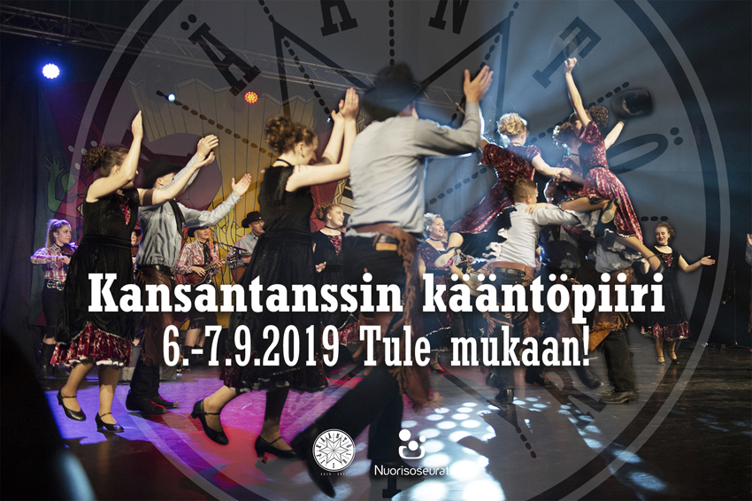 Kansantanssin kääntöpiiri banneri Tanssijat kansantanssin vauhdissa.