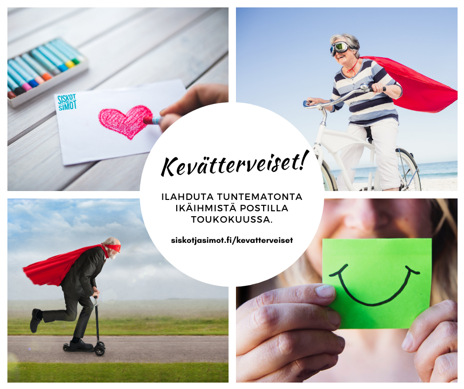 Kevätterveiset-FB-julkaisu Mummo pyörällä, vaari potkulaudalla
