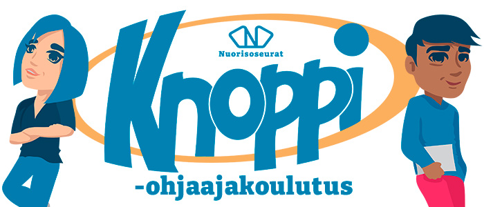 Knoppi-ohjaajakoulutuksen logoon nojailee kaksi ohjaajahahmoa.